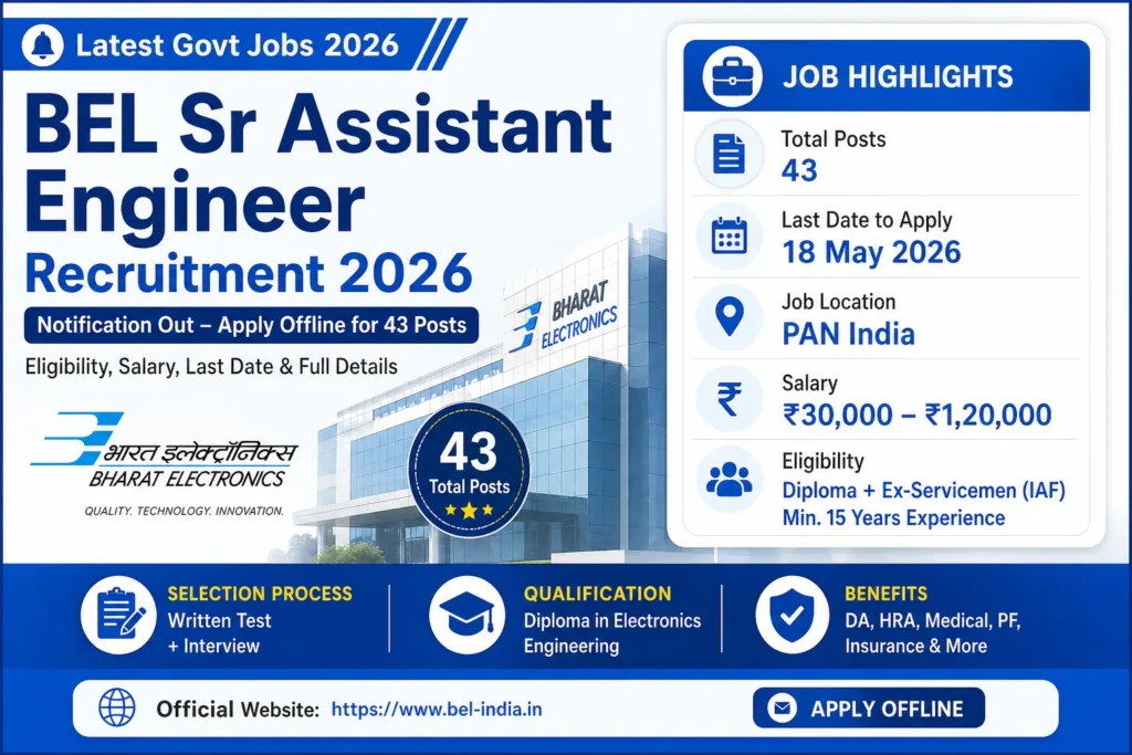BEL Sr Assistant Engineer Recruitment 2026 Notification Out – Apply Offline for 43 Posts