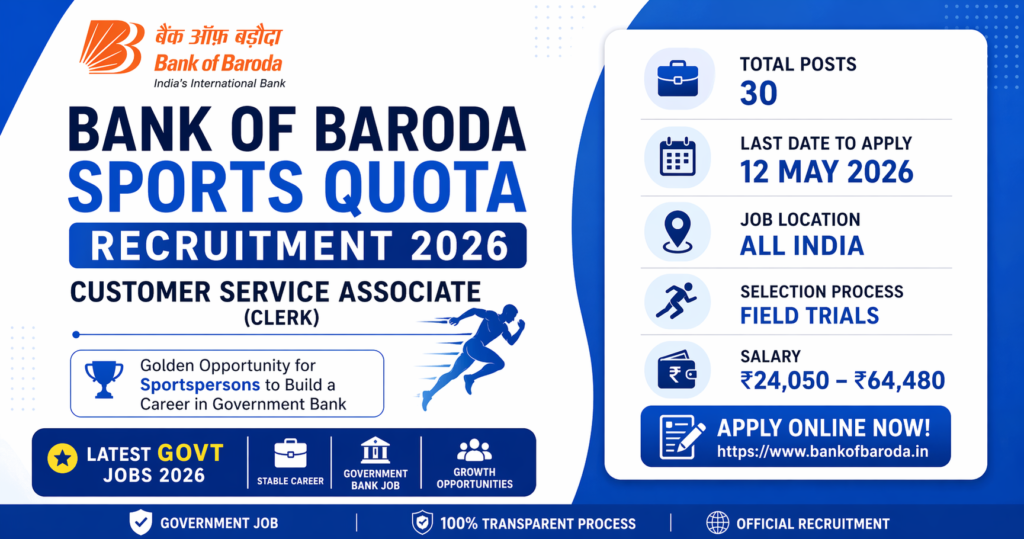 Bank of Baroda Sports Quota Recruitment 2026 30 Clerk Posts Notification, Apply Online