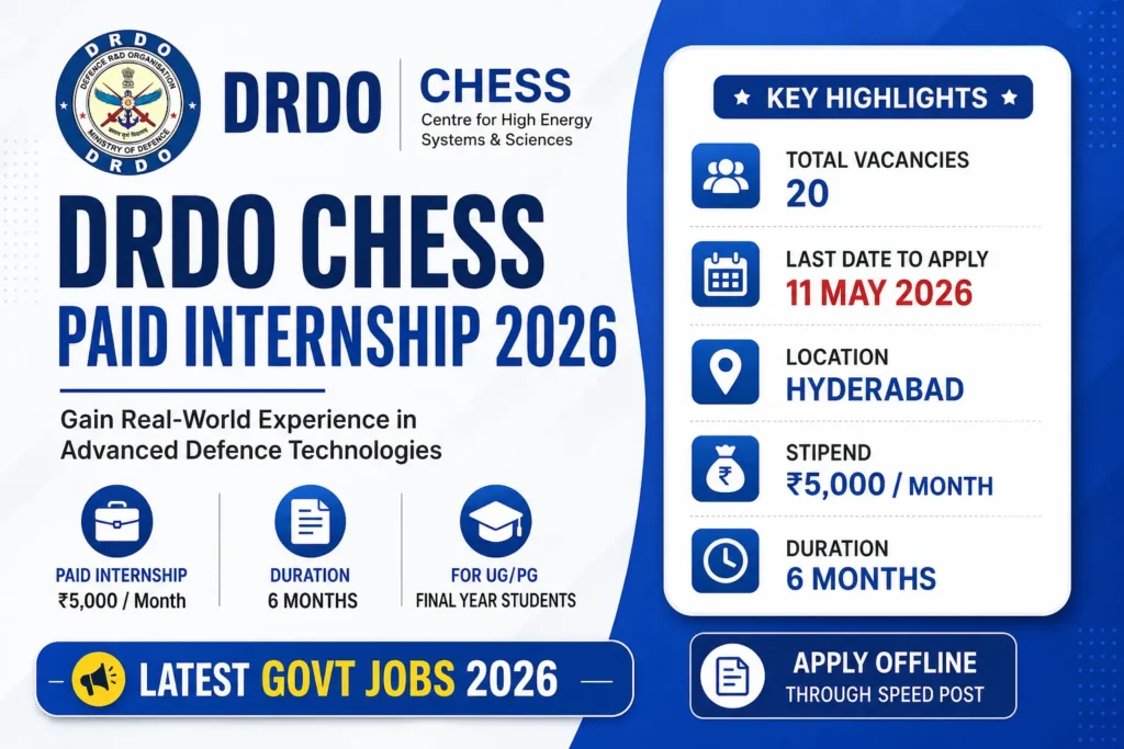 DRDO CHESS Paid Internship 2026 Notification Out – Apply for 20 Vacancies
