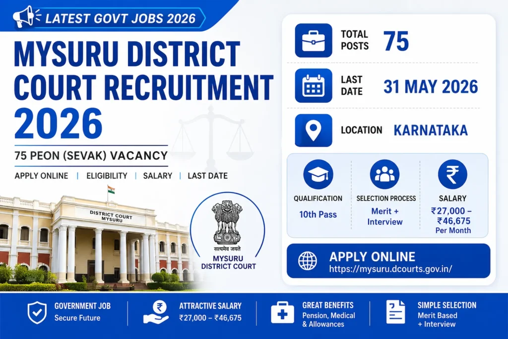 Mysuru District Court Recruitment 2026 75 Peon (Sevak) Vacancy Apply Online, Eligibility, Salary, Last Date
